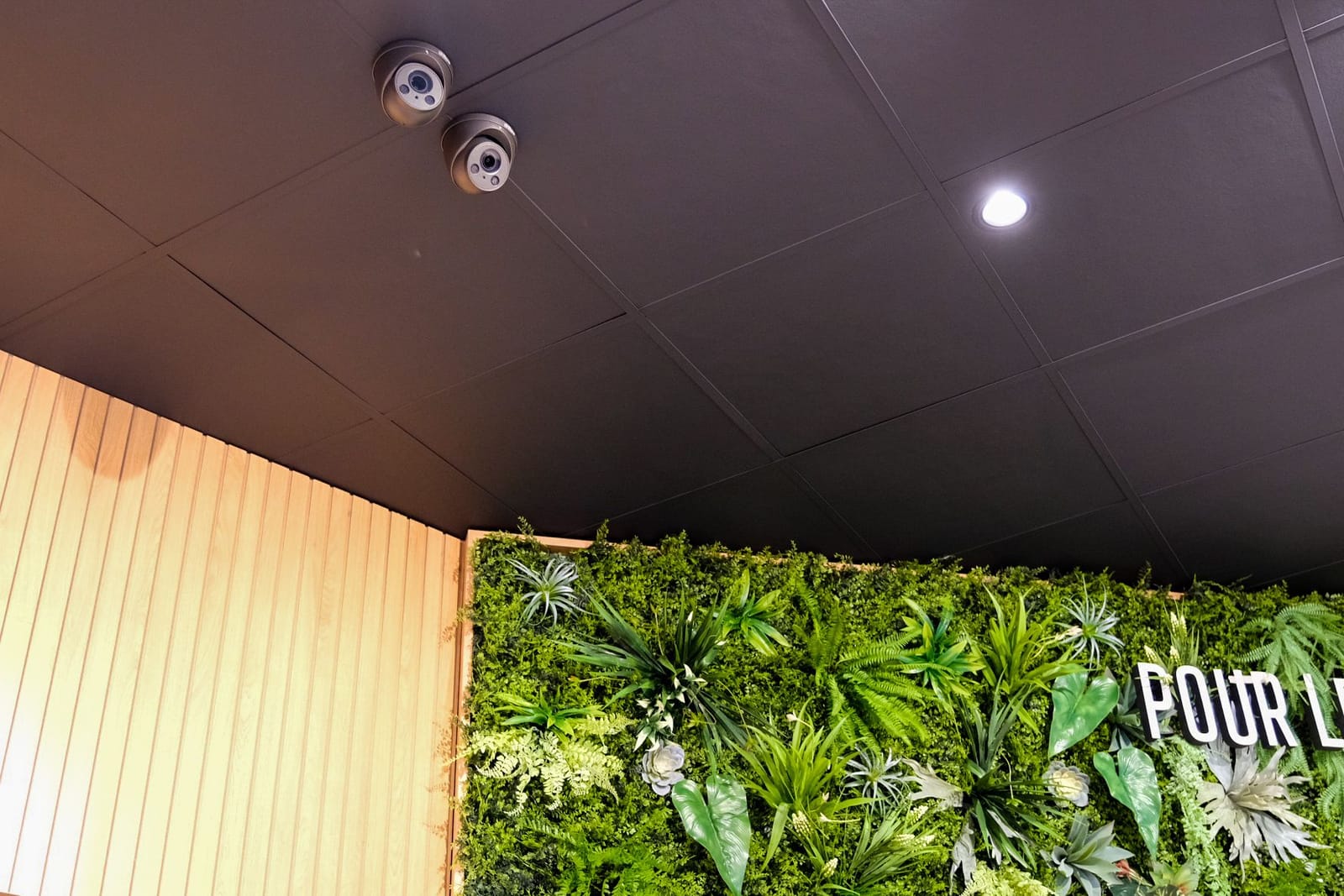 Deux caméras dômes intégrées au faux plafond d'un commerce