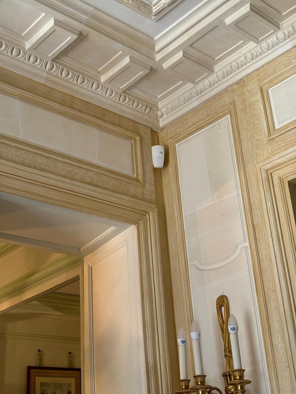 Détecteur de mouvement posé dans l'angle d'un salon à moulures d'un château